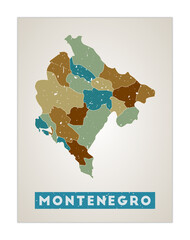 Montenegro map. Country poster with regions. Old grunge texture. Shape of Montenegro with country name. Vibrant vector illustration.