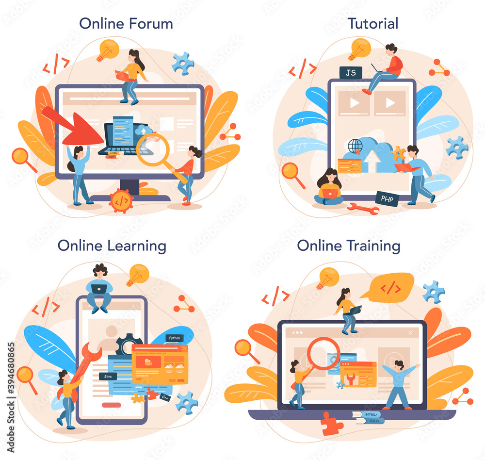 Poster back end development online service or platform set. software