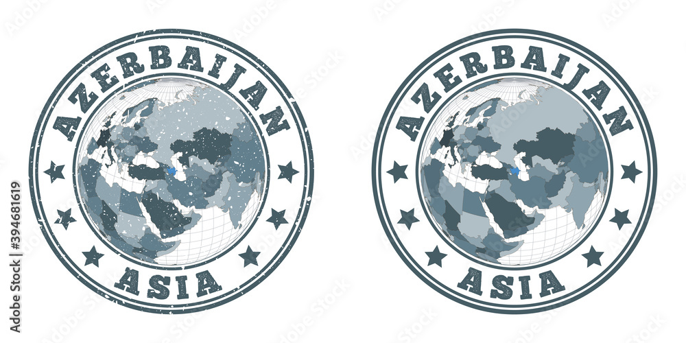 Poster azerbaijan round logos. circular badges of the country with a map of azerbaijan in a world context. 