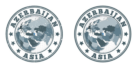 Azerbaijan round logos. Circular badges of the country with a map of Azerbaijan in a world context. Plain and textured country stamps. Vector illustration.