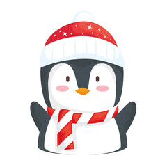 happy merry christmas penguin wearing santa hat character vector illustration design