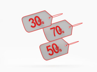 Price tags with different percentages of discounts are isolated on a white background. 3d illustration