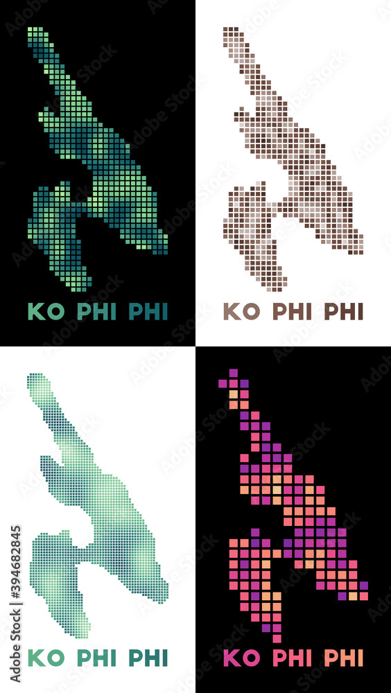 Poster ko phi phi map. collection of maps of ko phi phi in dotted style. borders of the island filled with 