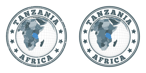 Tanzania round logos. Circular badges of the country with a map of Tanzania in a world context. Plain and textured country stamps. Vector illustration.