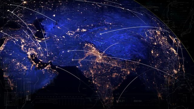 Flight HUD monitor.Airplane trip on the map,globe.HUD with digital data code.Futuristic Sci Fi UI background.Global connection.Covid 19 is over.