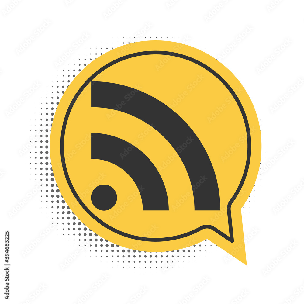 Poster black rss icon isolated on white background. radio signal. rss feed symbol. yellow speech bubble sym