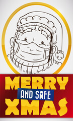 Button with Cute Santa Claus wearing Protective Gear Against COVID-19, Vector Illustration