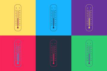 Pop art Celsius and fahrenheit meteorology thermometers measuring icon isolated on color background. Thermometer equipment showing hot or cold weather. Vector.