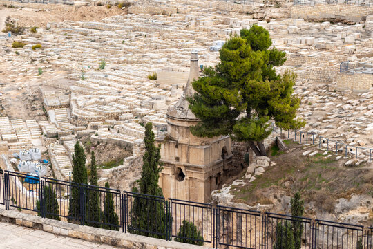 View  from the Gate of Repentance or Gate of Mercy of the Absaloms Tomb - the 1st-century CE tomb cut into the rock of the Mount of Olives features a conical roof, in old city of Jerusalem, in Israel