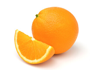 Orange fruit and orange slices isolated on white background.