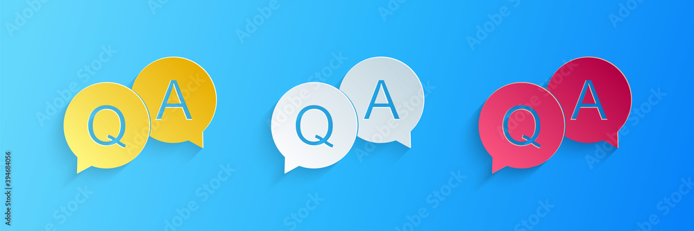 Poster paper cut question and answer mark in speech bubble icon isolated on blue background. q and a symbol