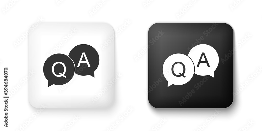 Poster black and white question and answer mark in speech bubble icon isolated on white background. q and a