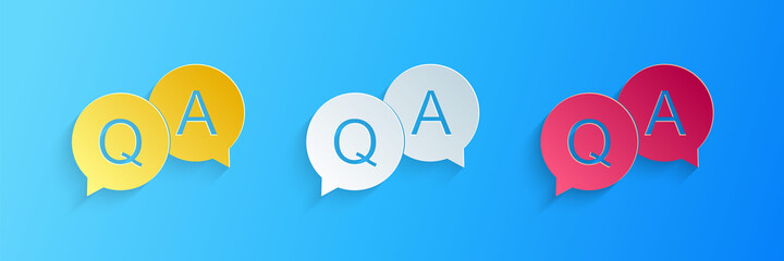 Paper cut Question and Answer mark in speech bubble icon isolated on blue background. Q and A symbol. FAQ sign. Copy files, chat speech bubble. Paper art style. Vector. - obrazy, fototapety, plakaty