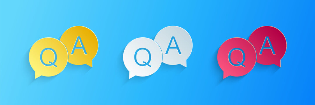 Paper cut Question and Answer mark in speech bubble icon isolated on blue background. Q and A symbol. FAQ sign. Copy files, chat speech bubble. Paper art style. Vector.