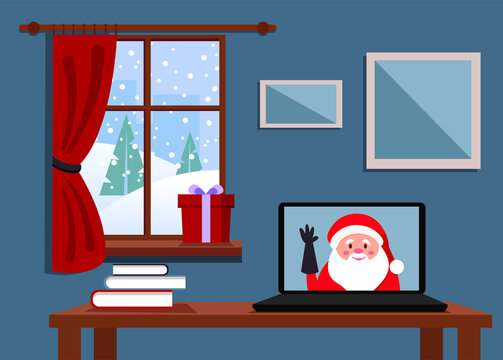 Santa Claus - online. Concept a safe meeting with Santa in COVID-19. Flat style interiors. Laptop with Santa, Christmas tree, gift, window with winter landscape.