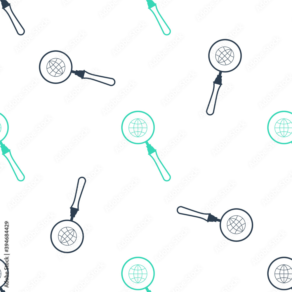 Poster green magnifying glass with globe icon isolated seamless pattern on white background. analyzing the 