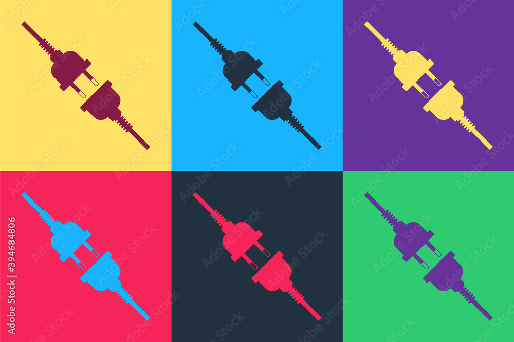 Poster pop art electric wire plug and socket icon isolated on color background. vector.