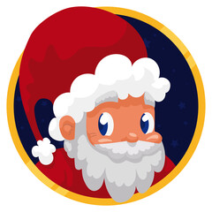Golden Button with Cute Santa Claus Portrait, Vector Illustration