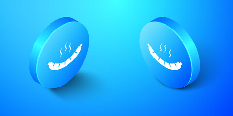 Isometric Sausage with steam icon isolated on blue background. Grilled sausage and aroma sign. Blue circle button. Vector.