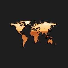 Gold World map icon isolated on black background. Long shadow style. Vector.
