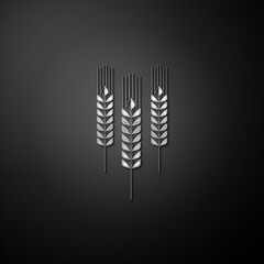 Silver Cereals icon with rice, wheat, corn, oats, rye, barley icon isolated on black background. Ears of wheat bread symbols. Agriculture wheat. Long shadow style. Vector.