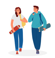 Teenage Couple Boy And Girl With Backpacks Walking Holding Skateboard And Penny Board. Flat Vector Illustration. Isolated On White.