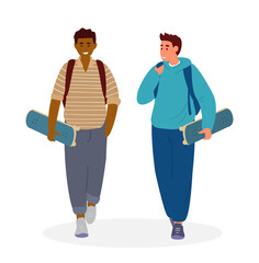 Teenage Boys With Backpacks Walking Holding Skateboards Talking. Flat Vector Illustration. Isolated On White.