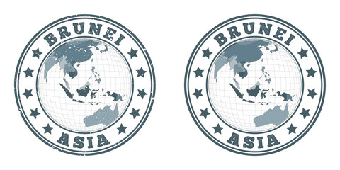 Brunei round logos. Circular badges of country with map of Brunei in world context. Plain and textured country stamps. Vector illustration.