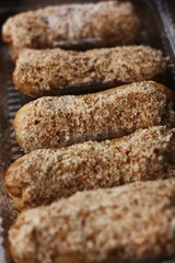 
Delicious eclairs with vanilla cream close up