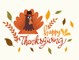 happy thanksgiving celebration lettering card with turkey and leafs vector illustration design