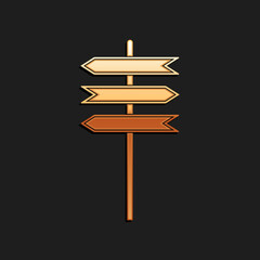 Gold Road traffic sign. Signpost icon isolated on black background. Pointer symbol. Isolated street information sign. Direction sign. Long shadow style. Vector.