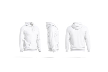 Blank white hoodie with hood mockup, side and back view