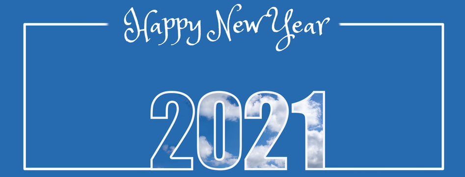 Happy new year 2021. 2021 numbers with a white cloud texture, white border, and the inscription, Merry Christmas, on a blue isolated background. New year's holiday concept, copyspace, banner.