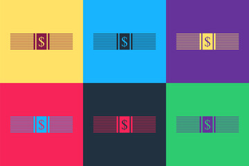 Pop art Paper money american dollars cash icon isolated on color background. Money banknotes stack with dollar icon. Bill currency. Vector.