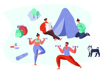 Camp Adventure and Family Trip with Dog.Camping with Active People Characters in Outdoor Travel.Summertime on Nature with Dog.Camp in Wildlife Nature Forest.Flat Vector Illustration