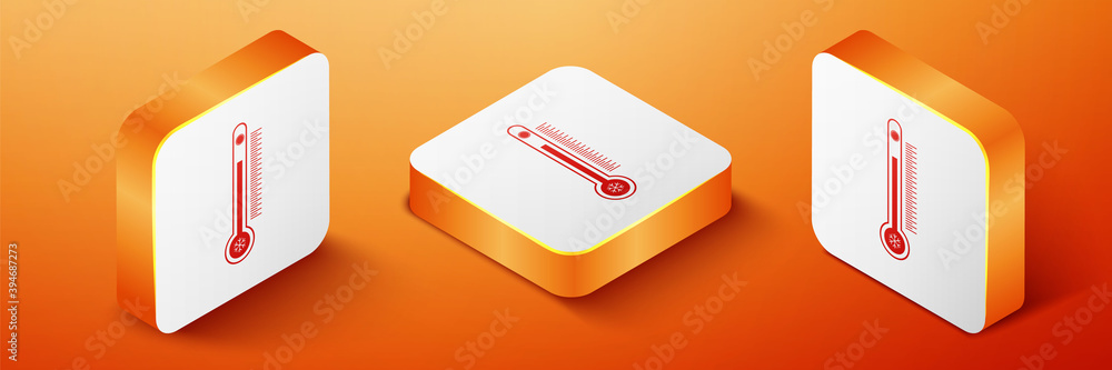 Poster isometric thermometer with scale measuring heat and cold, with sun and snowflake icon isolated on or