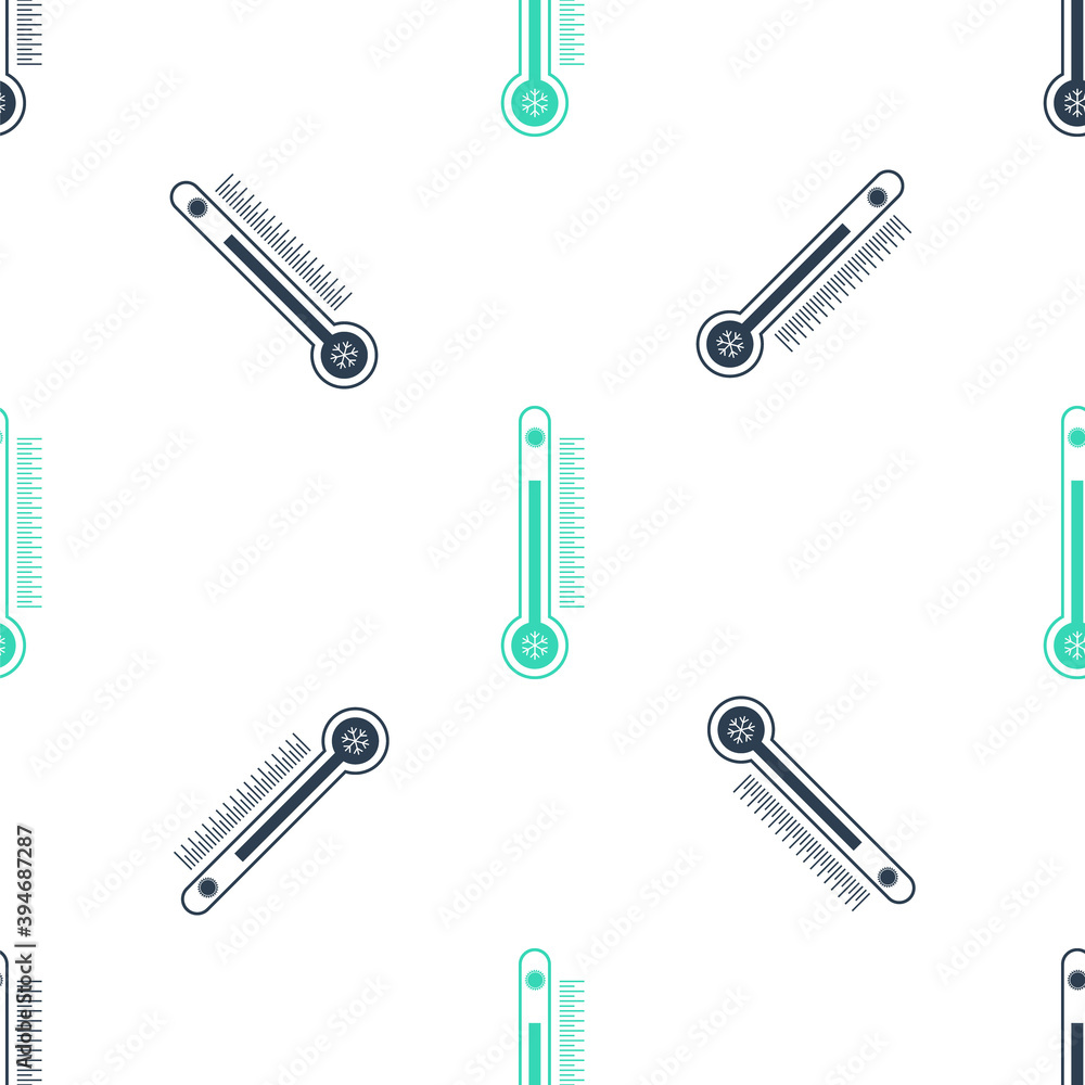 Poster green thermometer with scale measuring heat and cold, with sun and snowflake icon isolated seamless 