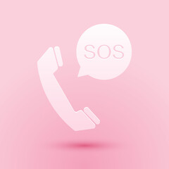 Paper cut SOS call icon isolated on pink background. 911, emergency, help, warning, alarm. Paper art style. Vector.