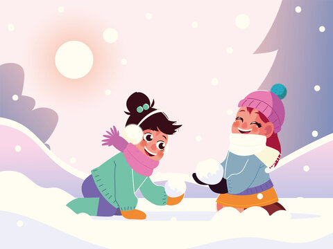 funny little girls with warm clothes playing in the snow, winter scene