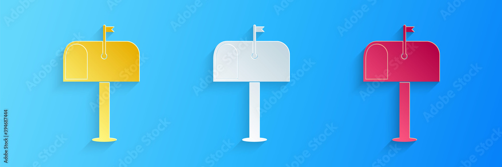 Poster paper cut mail box icon isolated on blue background. mailbox icon. mail postbox on pole with flag. p