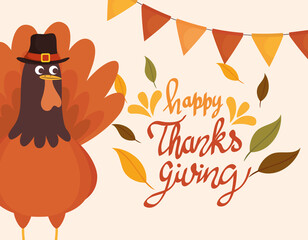 happy thanksgiving celebration lettering card with garlands and turkey vector illustration design