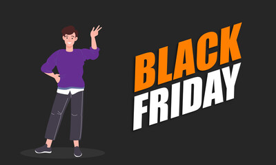 Young guy buy online from home. Black Friday hot sale vector fluyer