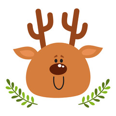 Vector illustration of cartoon Christmas deer head isolated on white.