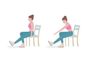 Exercises that can be done at-home using a sturdy chair.
Extending the right leg out. The heel on the floor, toes pointed up and knee as straight as you can. with Hamstring Stretch posture. 