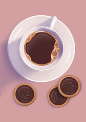 A cup of black coffee with cookies whith shadow on pale pink background, vector illustration