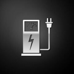 Silver Electric car charging station icon isolated on black background. Eco electric fuel pump sign. Long shadow style. Vector.