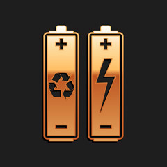 Gold Battery with recycle symbol - renewable energy concept icon isolated on black background. Long shadow style. Vector.