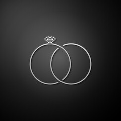 Silver Wedding rings icon isolated on black background. Bride and groom jewelery sign. Marriage icon. Diamond ring. Long shadow style. Vector.