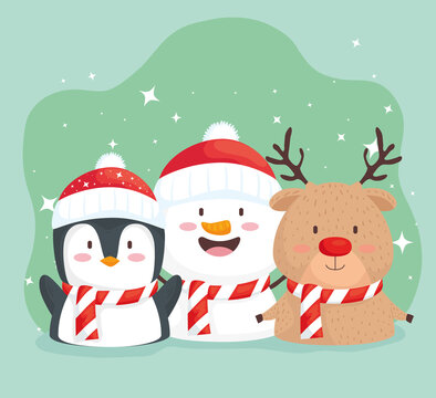 happy merry christmas snowman with penguin and deer characters vector illustration design