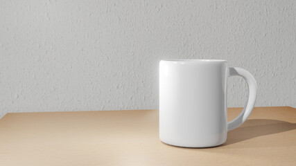 White mug on a light wooden table in a minimalist and neutral setting. 3D Render